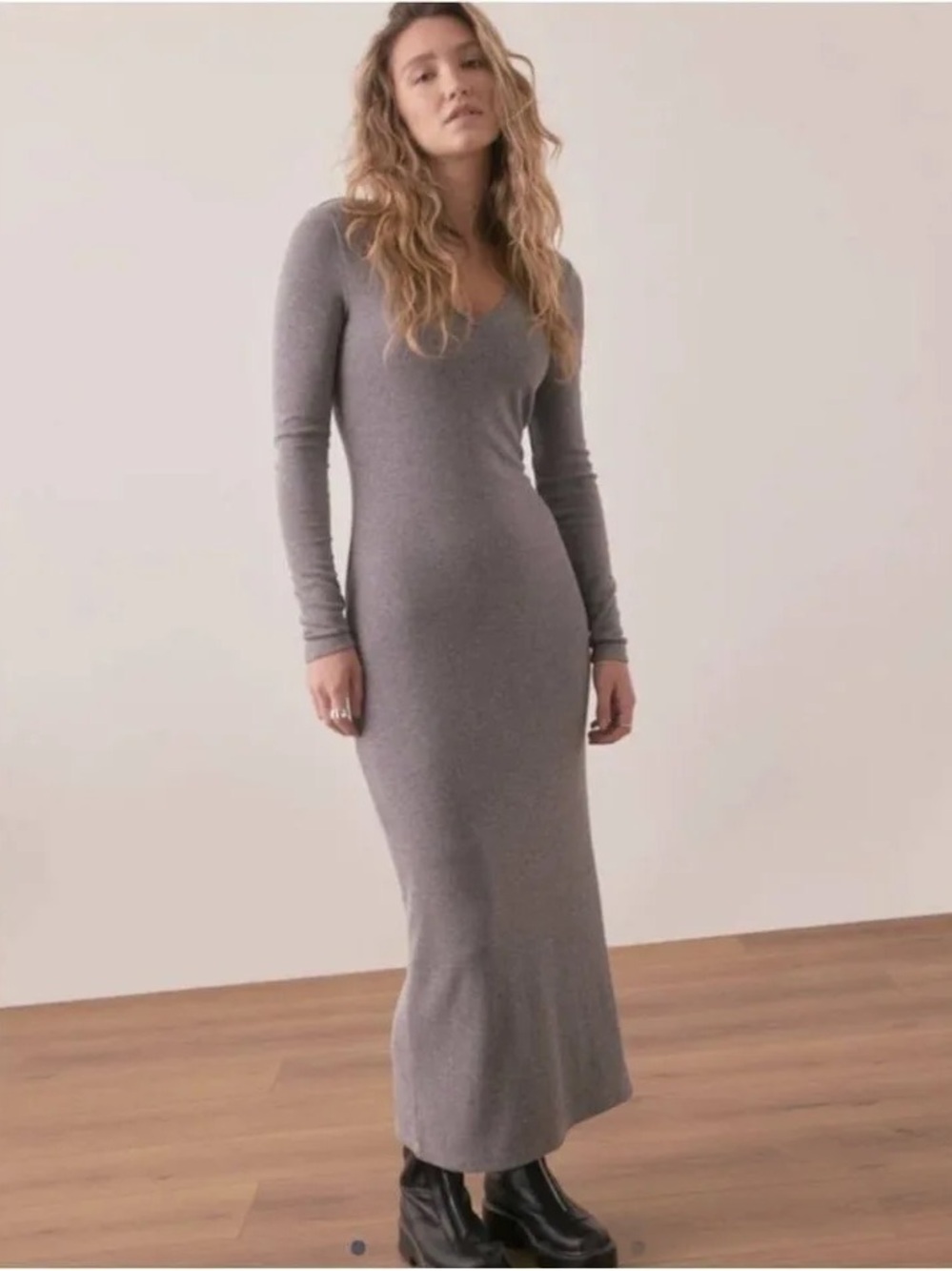 Marine Layer Lexi Heather Gray Long-Sleeve V-Neck Maxi Dress